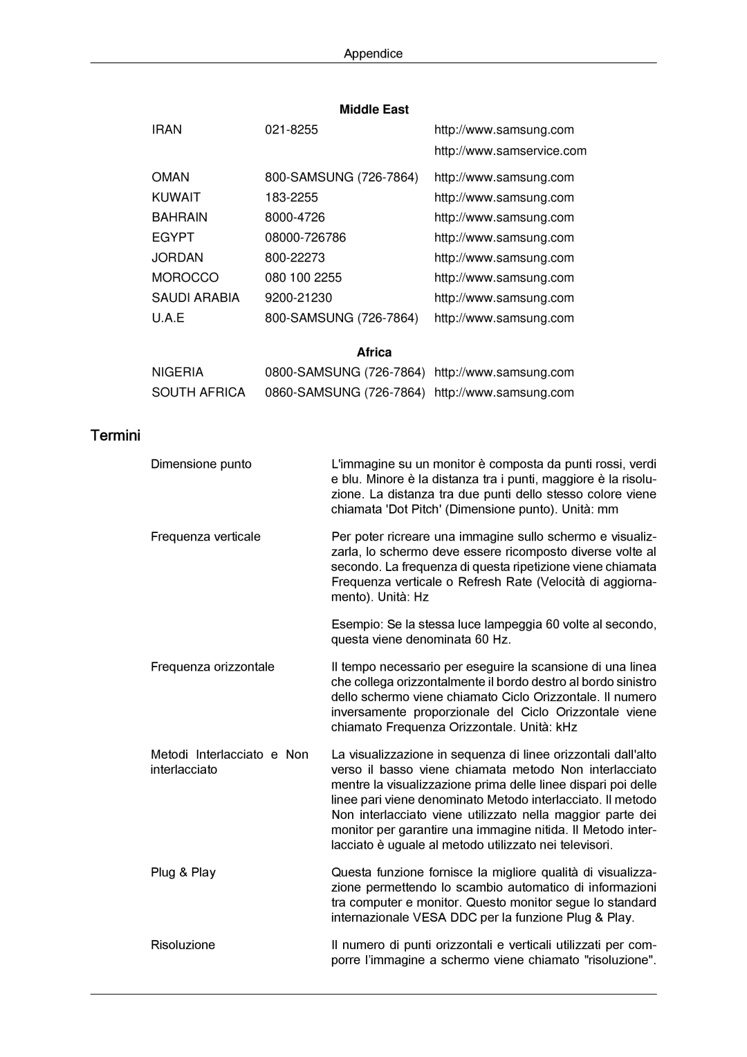 Samsung LH46DRPPBE/EN manual Termini, Middle East, Africa 