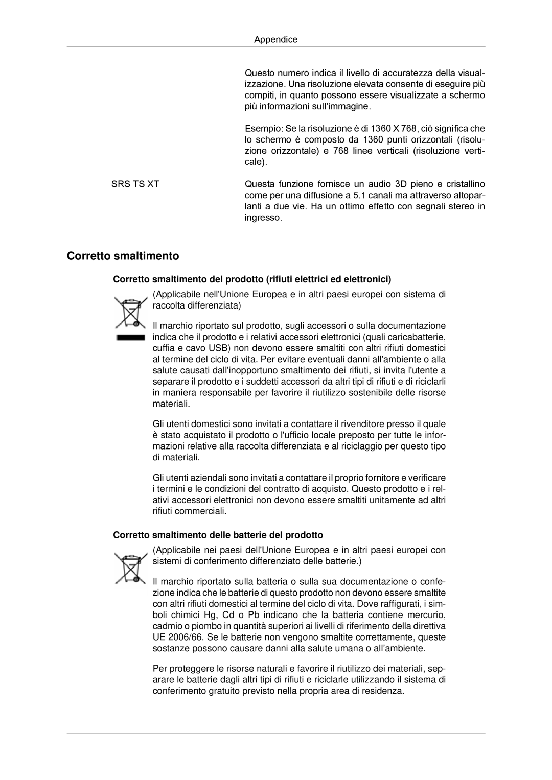 Samsung LH46DRPPBE/EN manual Corretto smaltimento delle batterie del prodotto 