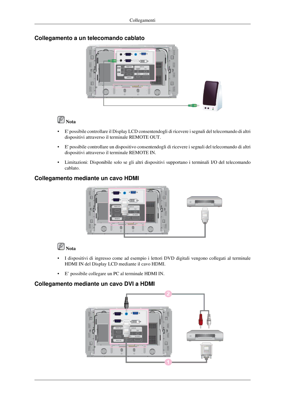 Samsung LH46DRPPBE/EN manual Collegamento a un telecomando cablato, Collegamento mediante un cavo Hdmi 