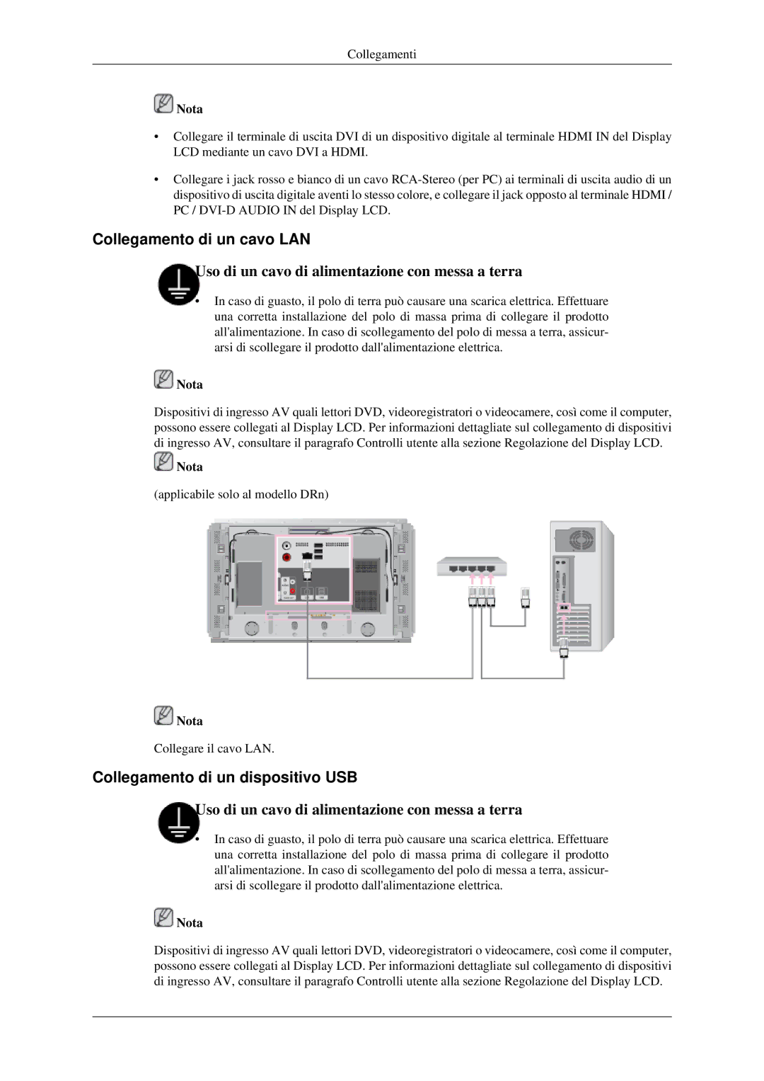 Samsung LH46DRPPBE/EN manual Collegamento di un cavo LAN, Collegamento di un dispositivo USB 