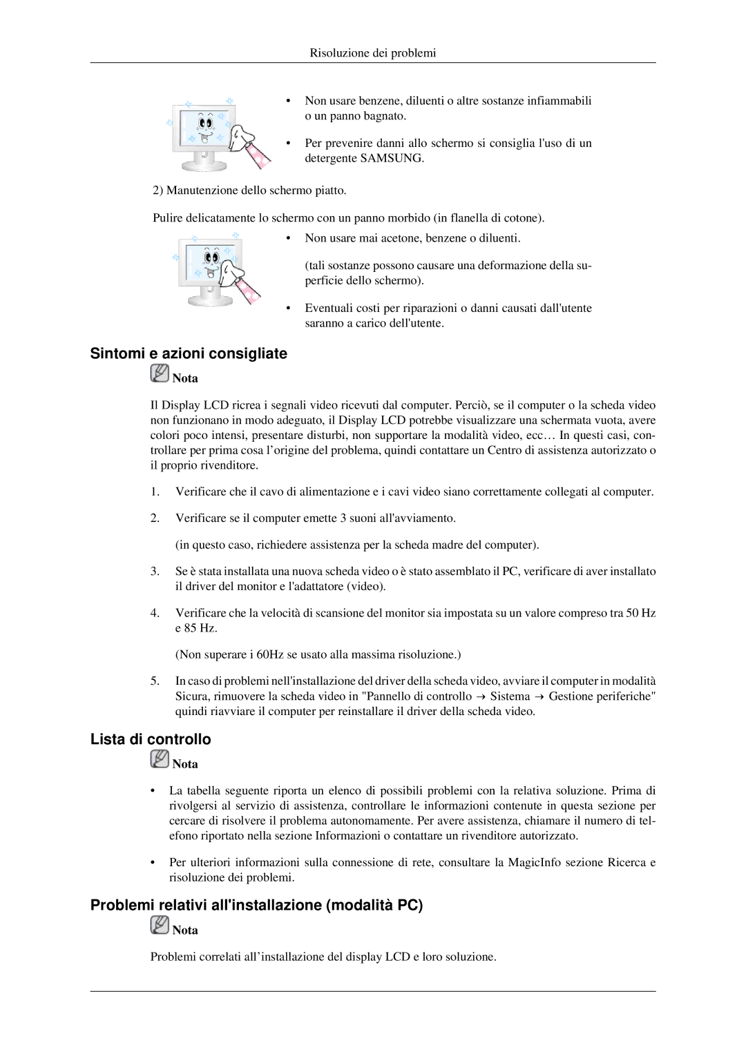 Samsung LH46DRPPBE/EN Sintomi e azioni consigliate, Lista di controllo, Problemi relativi allinstallazione modalità PC 