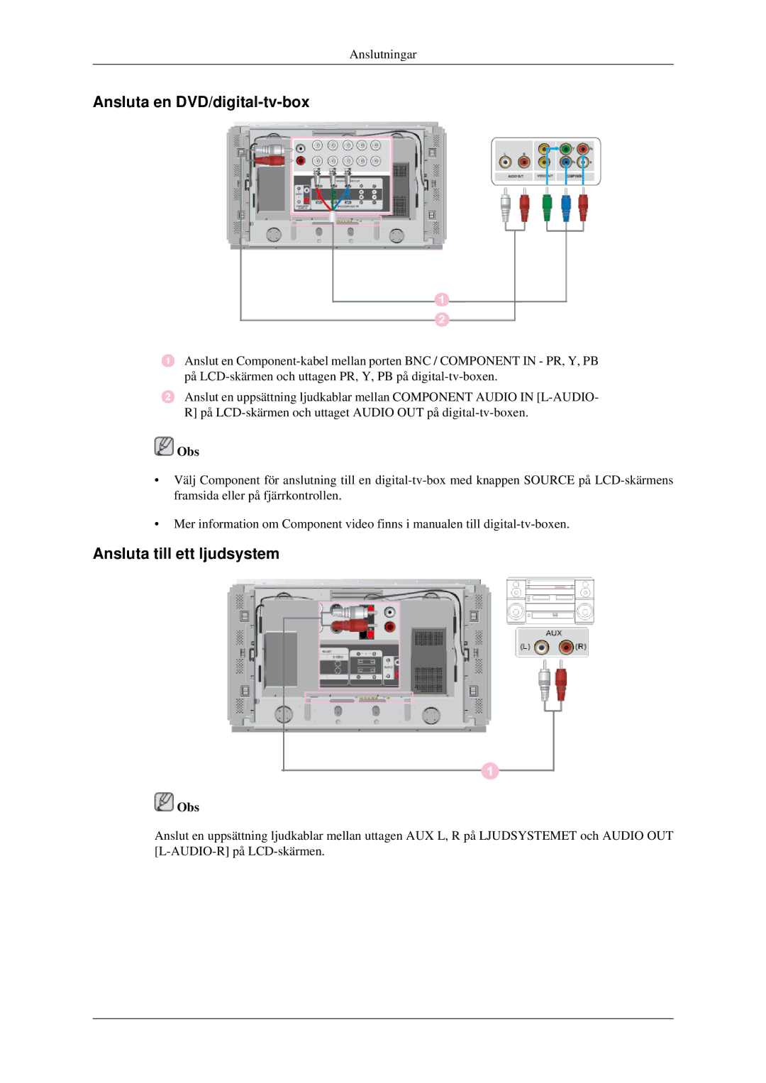 Samsung LH46DRQPBB/EN, LH46DRUPBB/EN, LH46DRSPBB/EN manual Ansluta en DVD/digital-tv-box, Ansluta till ett ljudsystem 