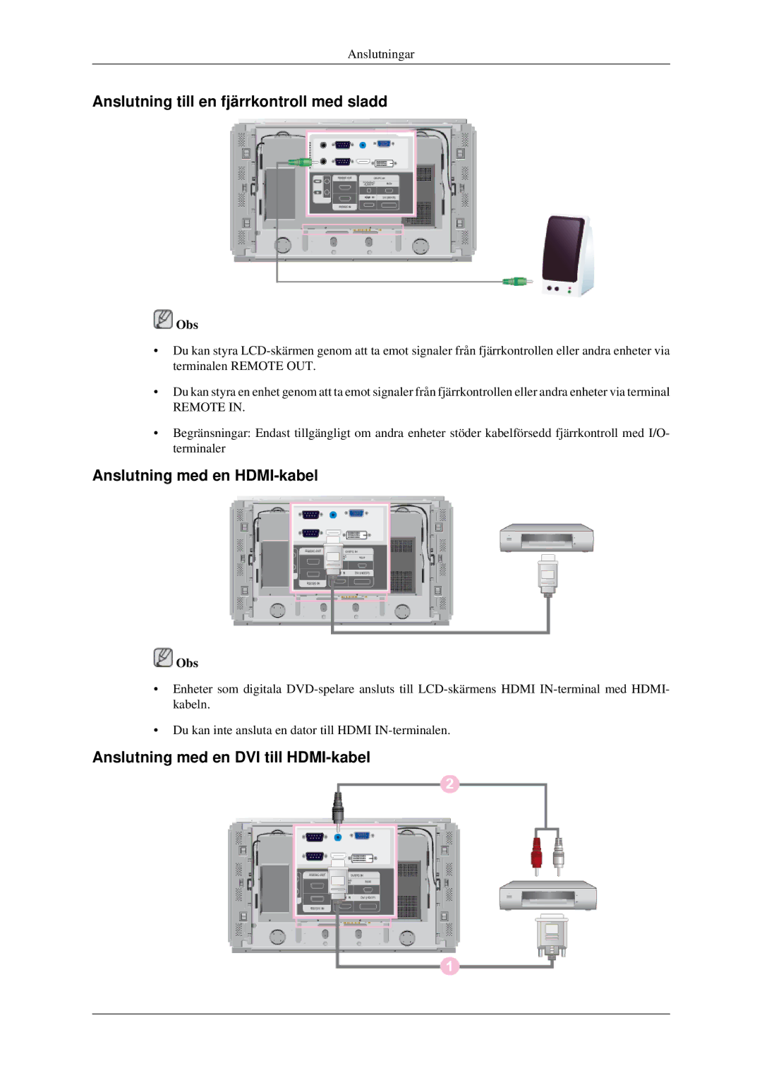 Samsung LH46DRSPBB/EN, LH46DRUPBB/EN manual Anslutning till en fjärrkontroll med sladd, Anslutning med en HDMI-kabel 