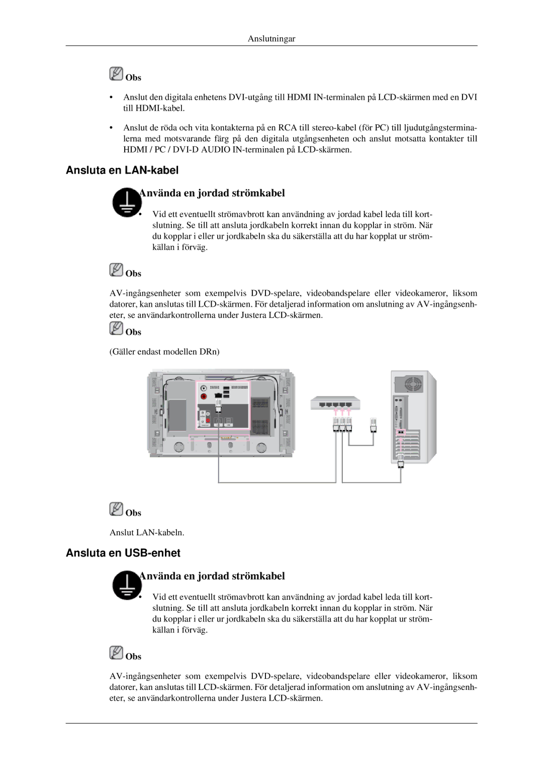 Samsung LH46DRUPBB/EN, LH46DRQPBB/EN, LH46DRSPBB/EN manual Ansluta en LAN-kabel, Ansluta en USB-enhet 