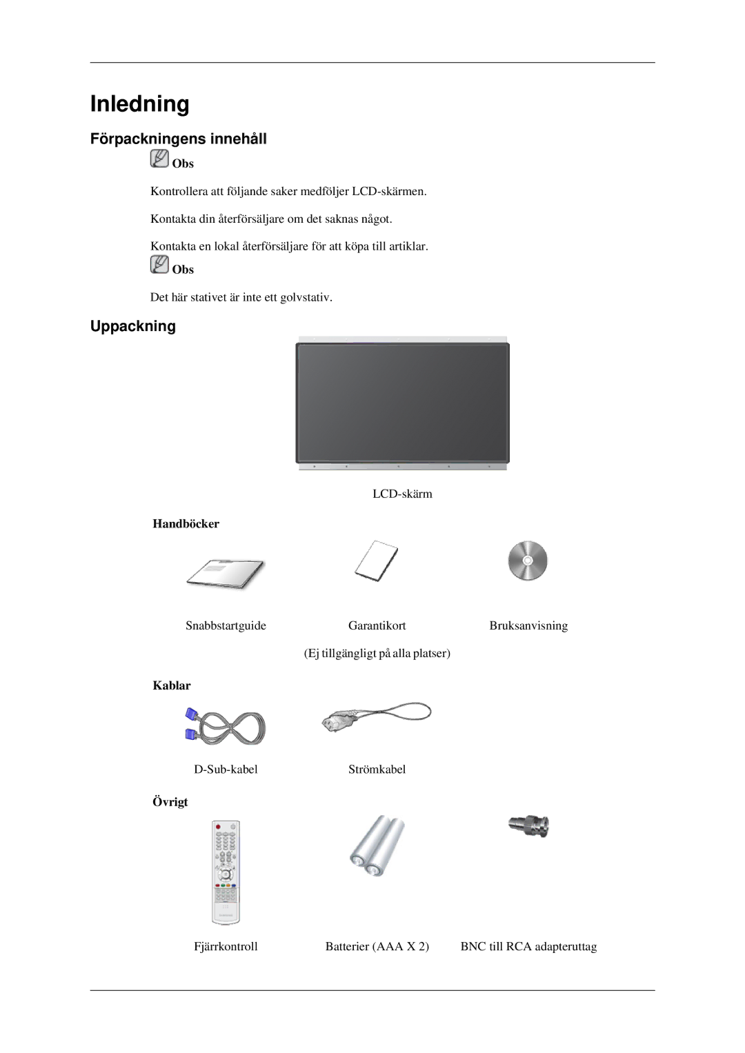 Samsung LH46DRSPBB/EN, LH46DRUPBB/EN, LH46DRQPBB/EN manual Förpackningens innehåll, Uppackning 