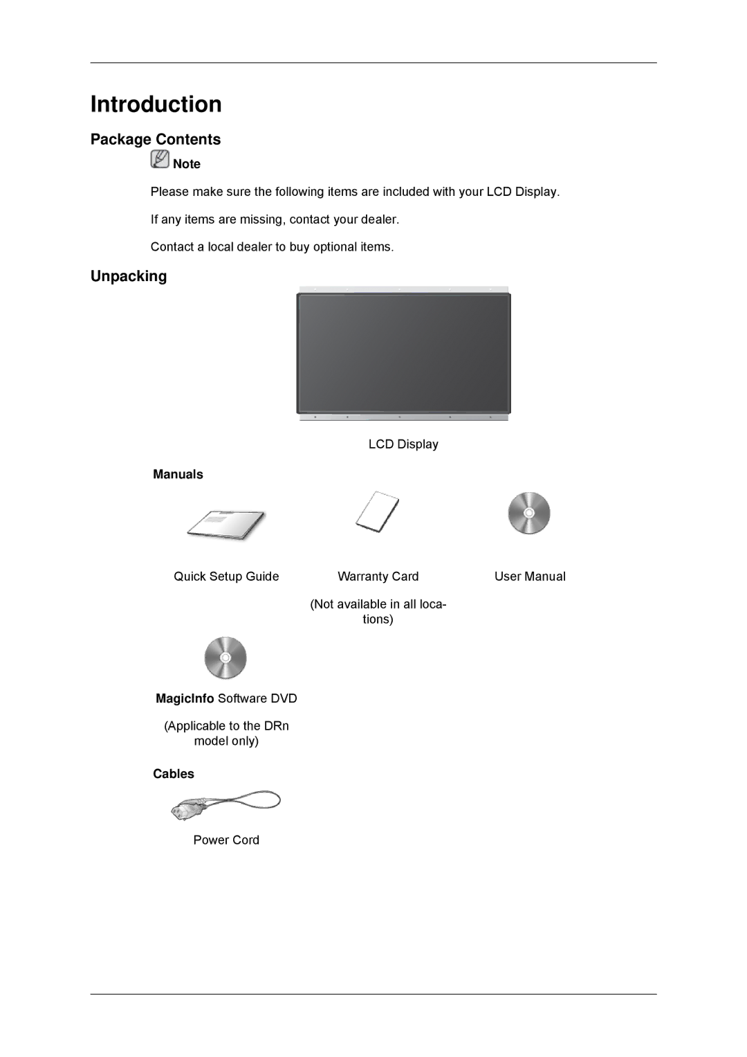 Samsung LH46DRPPBE/EN, LH46DRUPBB/EN, LH46DRQPBB/EN, LH46DRTPBE/EN, LH46DRSPBB/EN Introduction, Package Contents, Unpacking 