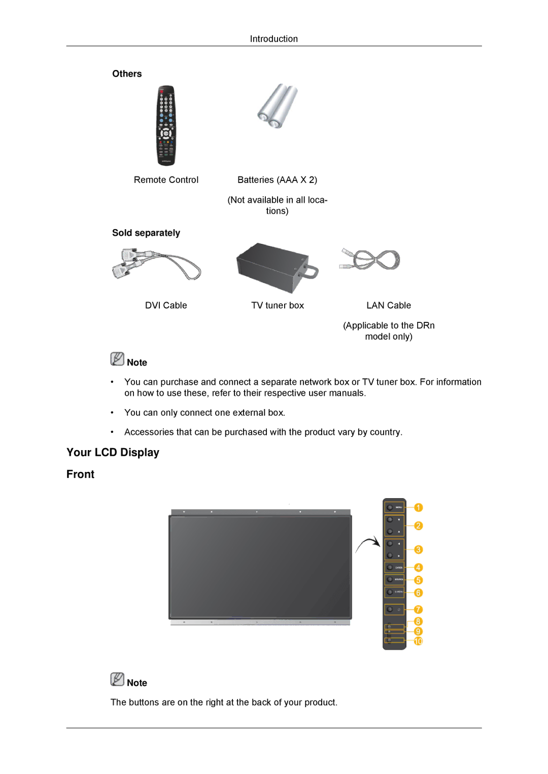 Samsung LH46DRSPBB/EN, LH46DRUPBB/EN, LH46DRQPBB/EN, LH46DRTPBE/EN manual Your LCD Display Front, Others, Sold separately 