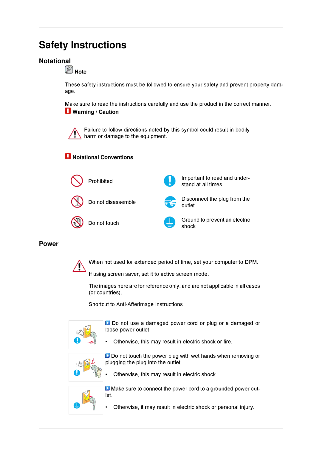 Samsung LH46DRTPBE/EN, LH46DRUPBB/EN, LH46DRQPBB/EN, LH46DRPPBE/EN Safety Instructions, Power, Notational Conventions 