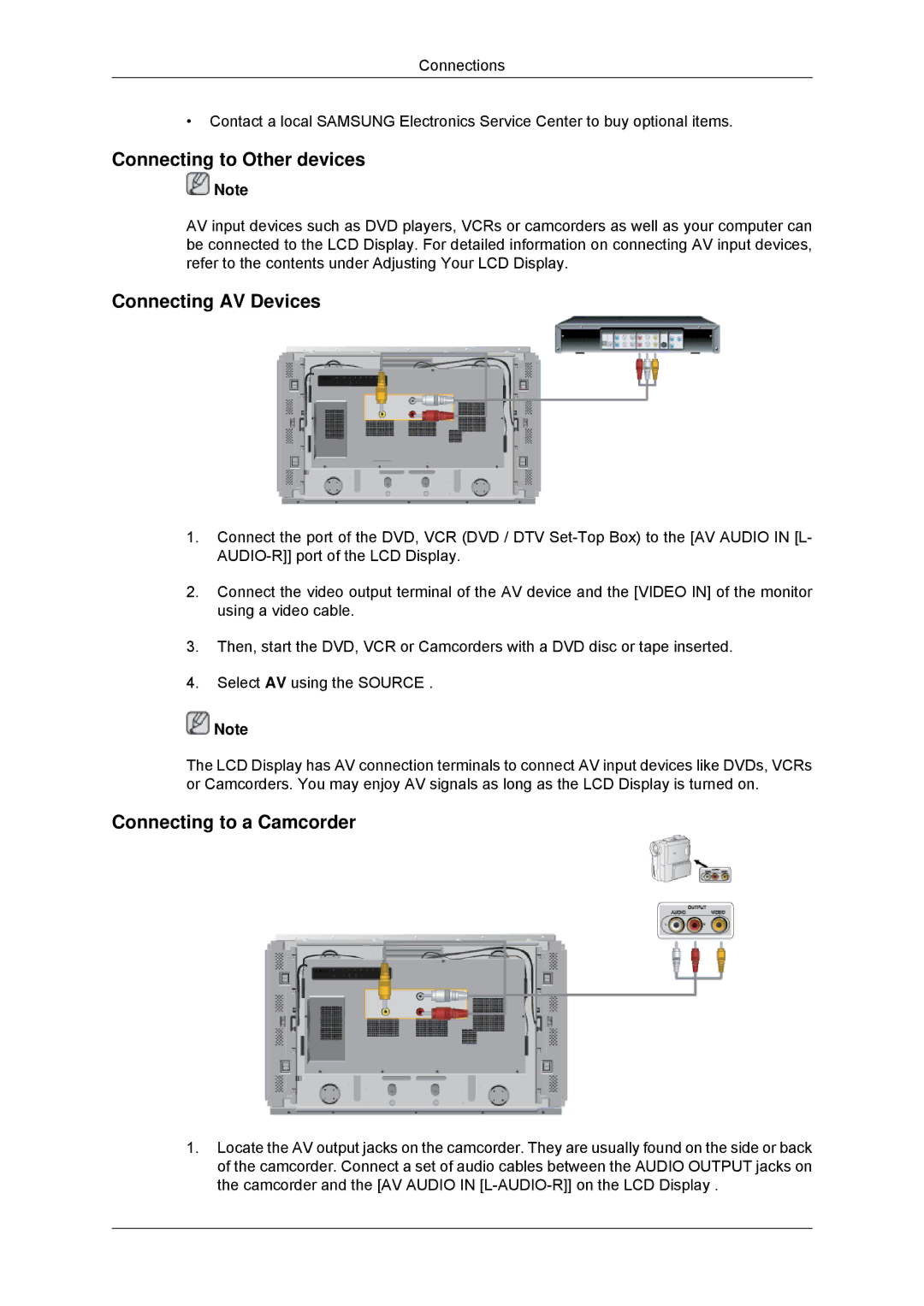 Samsung LH46DRUPBB/ZA, LH46DRUPBB/EN manual Connecting to Other devices, Connecting AV Devices, Connecting to a Camcorder 