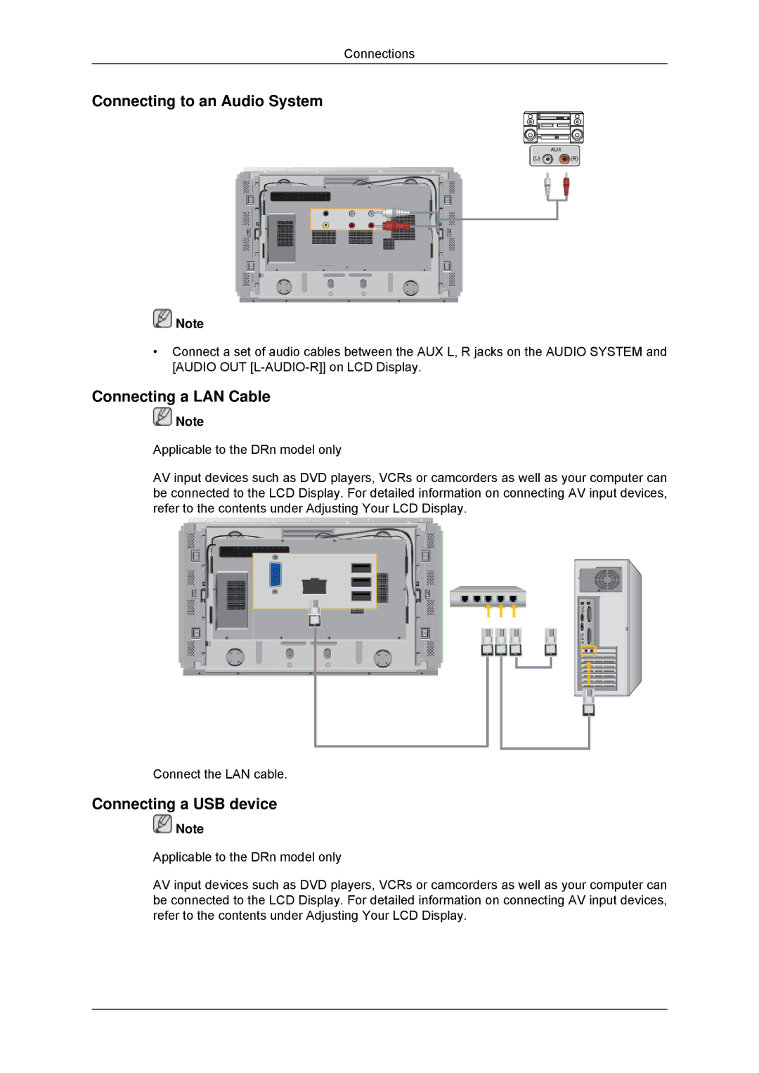 Samsung LH46DRQPBB/EN, LH46DRUPBB/EN manual Connecting to an Audio System, Connecting a LAN Cable, Connecting a USB device 