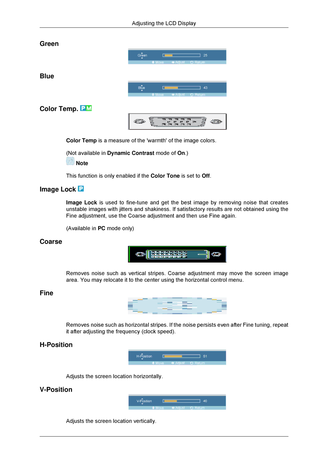 Samsung LH46DRTPBE/EN, LH46DRUPBB/EN, LH46DRQPBB/EN, LH46DRPPBE/EN Green Blue Color Temp, Image Lock, Coarse, Fine, Position 