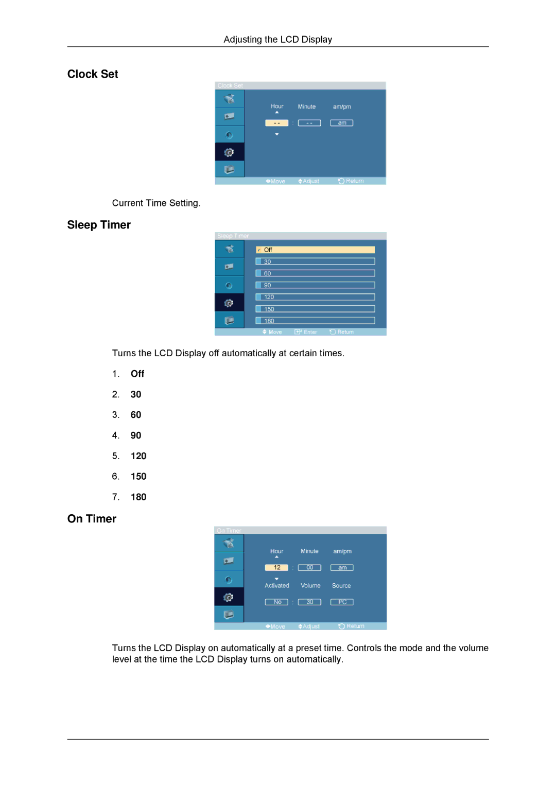 Samsung LH46DRSPBB/NG, LH46DRUPBB/EN, LH46DRQPBB/EN, LH46DRTPBE/EN, LH46DRPPBE/EN manual Clock Set, Sleep Timer, On Timer 