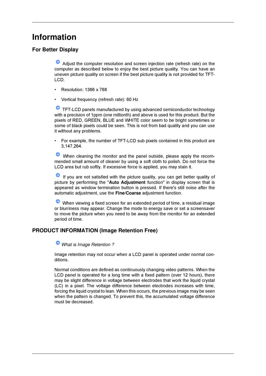 Samsung LH46DRQPBB/EN, LH46DRUPBB/EN, LH46DRTPBE/EN manual For Better Display, Product Information Image Retention Free 