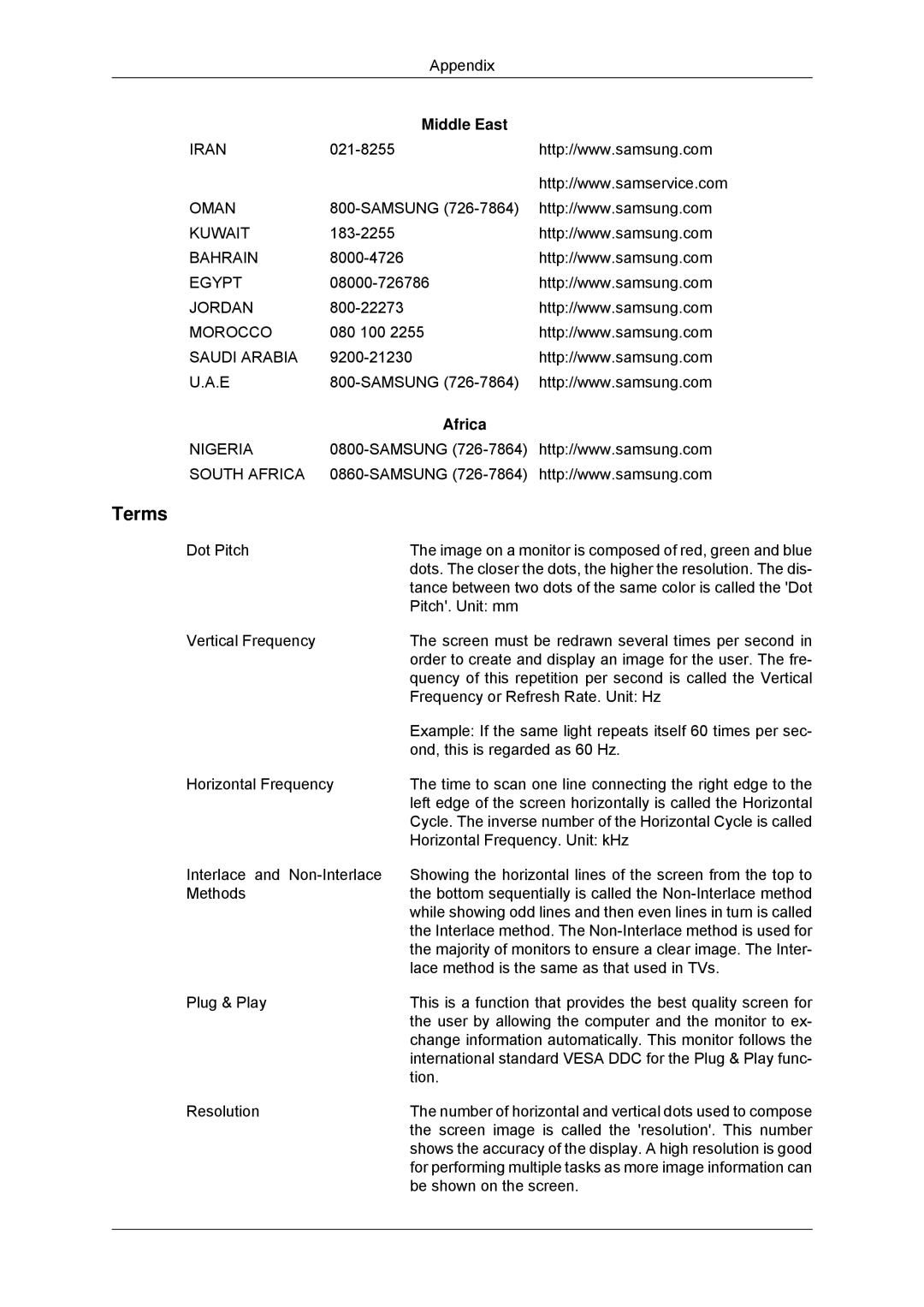 Samsung LH46DRQPBB/EN, LH46DRUPBB/EN, LH46DRTPBE/EN, LH46DRPPBE/EN, LH46DRSPBB/EN, LH46DRSPBB/NG Terms, Middle East, Africa 