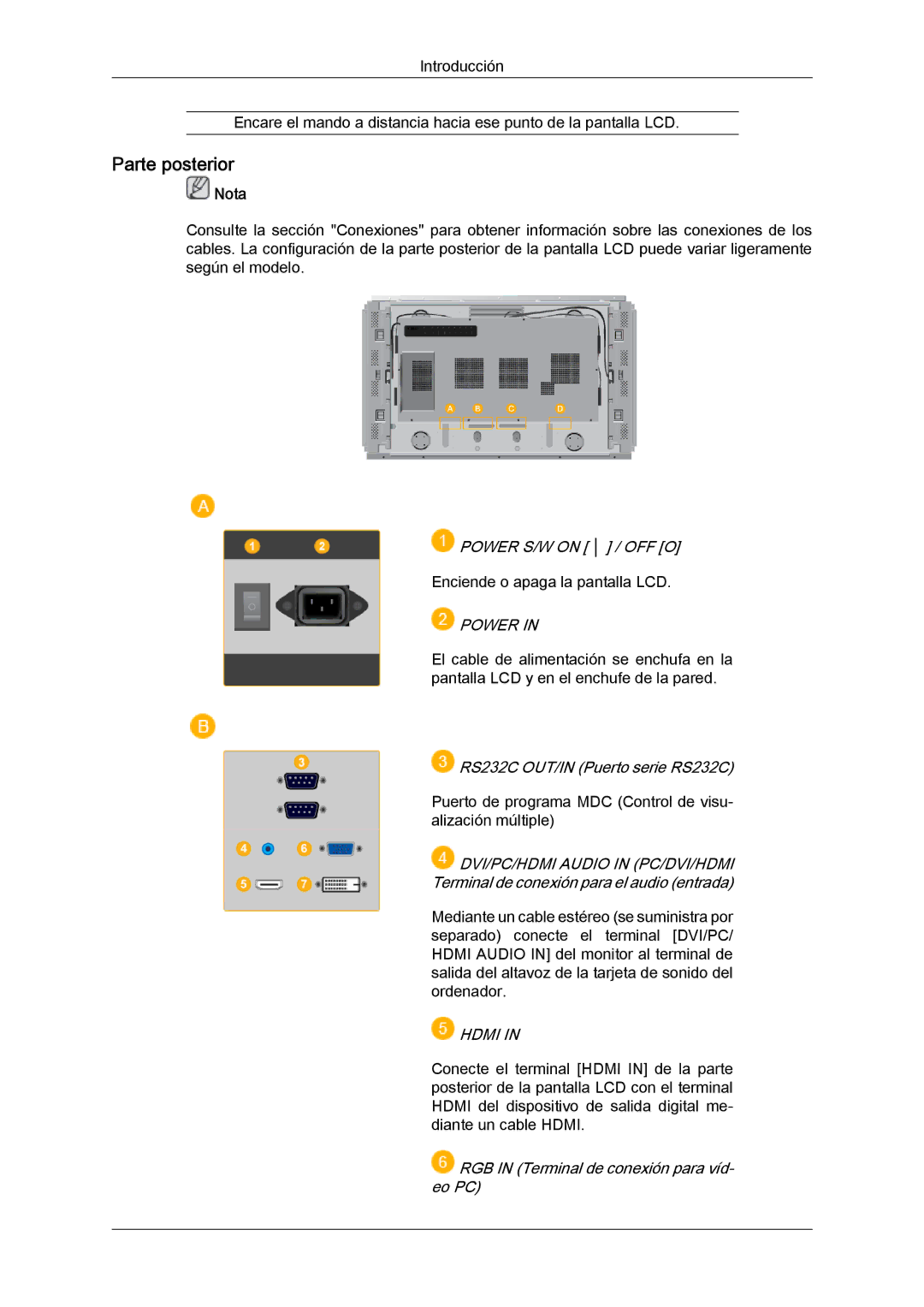 Samsung LH46DRPPBE/EN, LH46DRUPBB/EN, LH46DRQPBB/EN, LH46DRTPBE/EN, LH46DRSPBB/EN manual Parte posterior, Power 