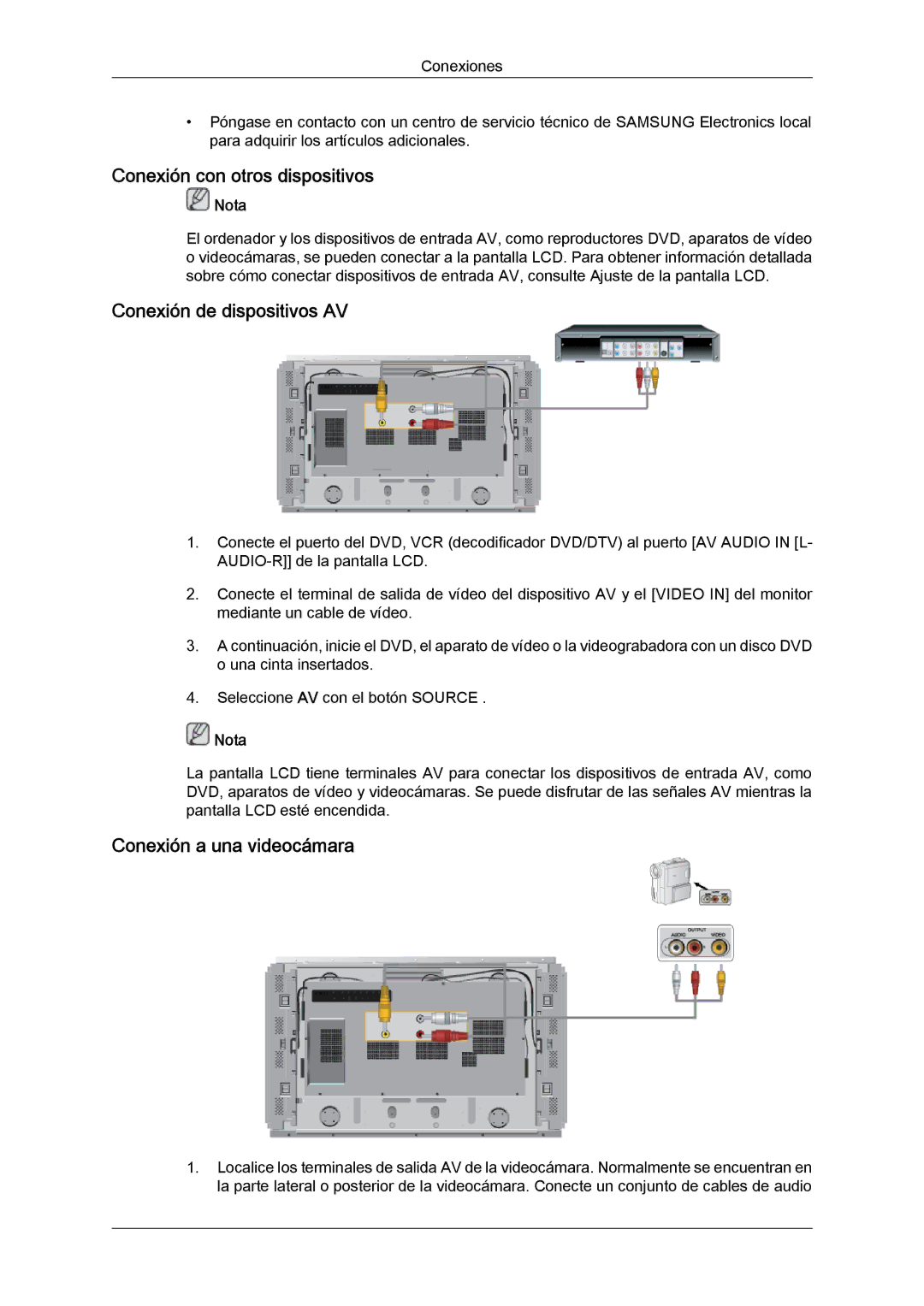 Samsung LH46DRUPBB/EN manual Conexión con otros dispositivos, Conexión de dispositivos AV, Conexión a una videocámara 