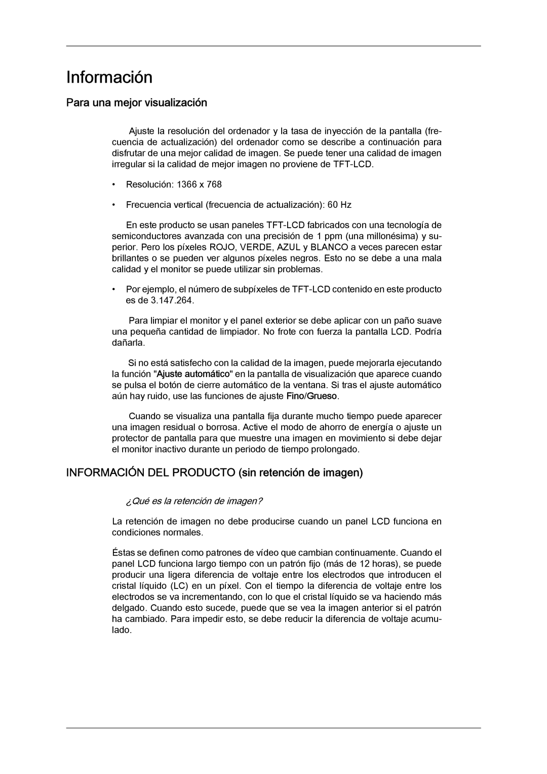 Samsung LH46DRQPBB/EN, LH46DRUPBB/EN Para una mejor visualización, Información DEL Producto sin retención de imagen 