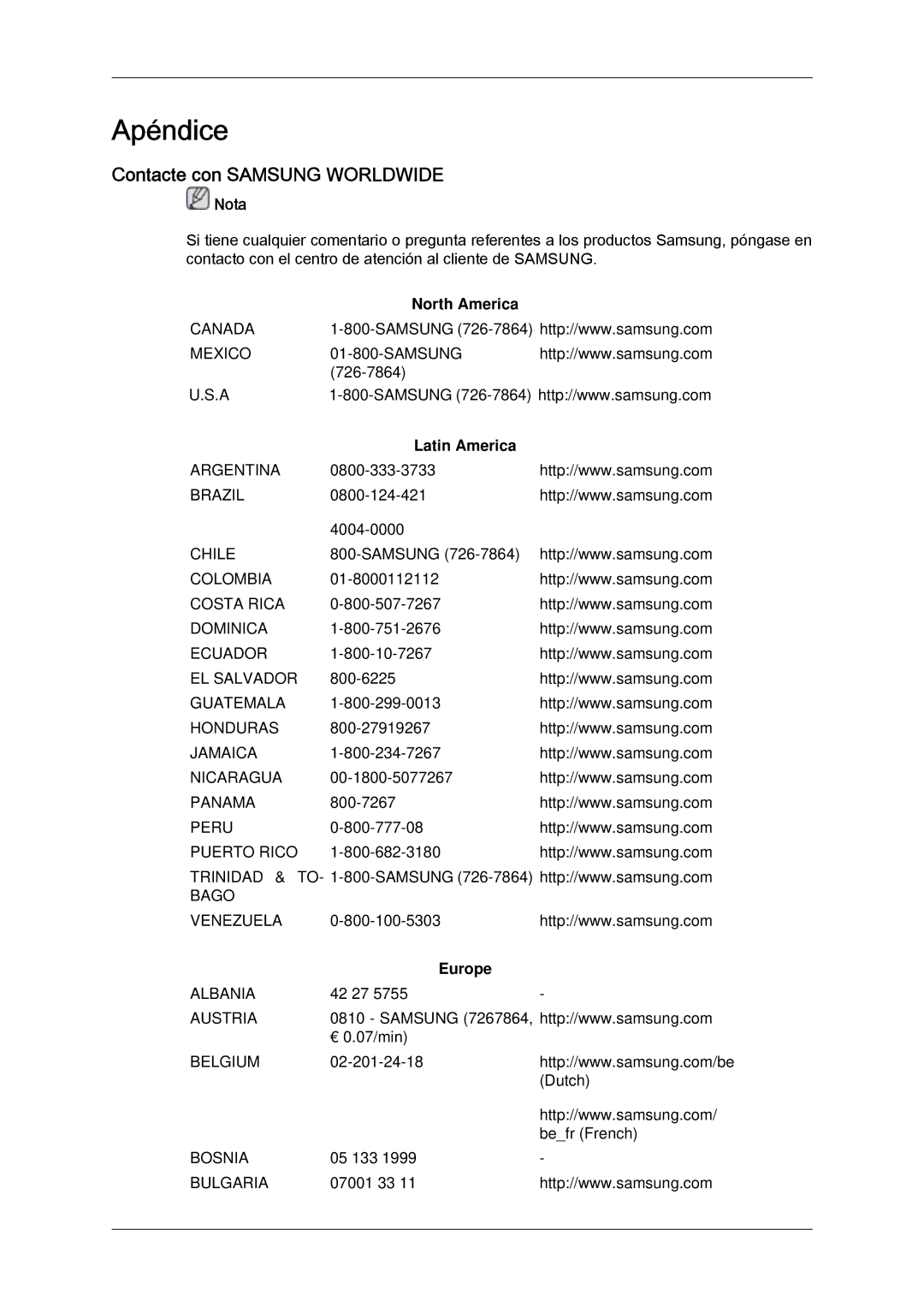 Samsung LH46DRUPBB/EN, LH46DRQPBB/EN manual Apéndice, Contacte con Samsung Worldwide, North America, Latin America, Europe 