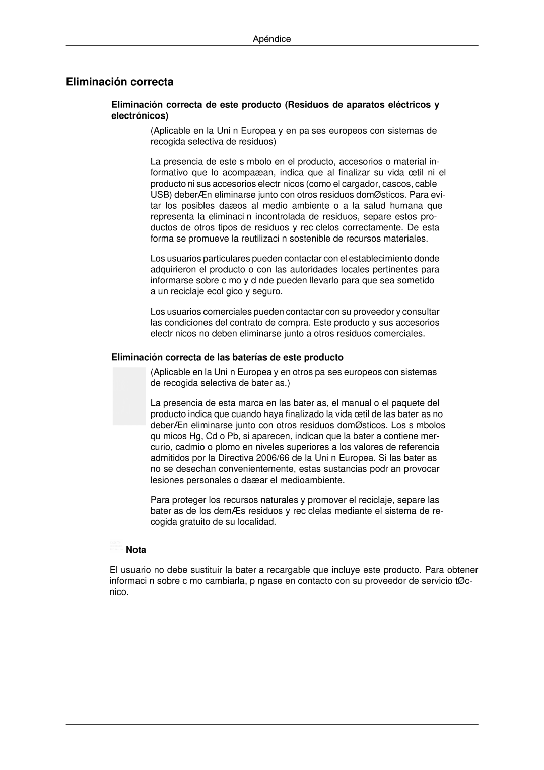 Samsung LH46DRUPBB/EN, LH46DRQPBB/EN, LH46DRTPBE/EN, LH46DRPPBE/EN Eliminación correcta de las baterías de este producto 