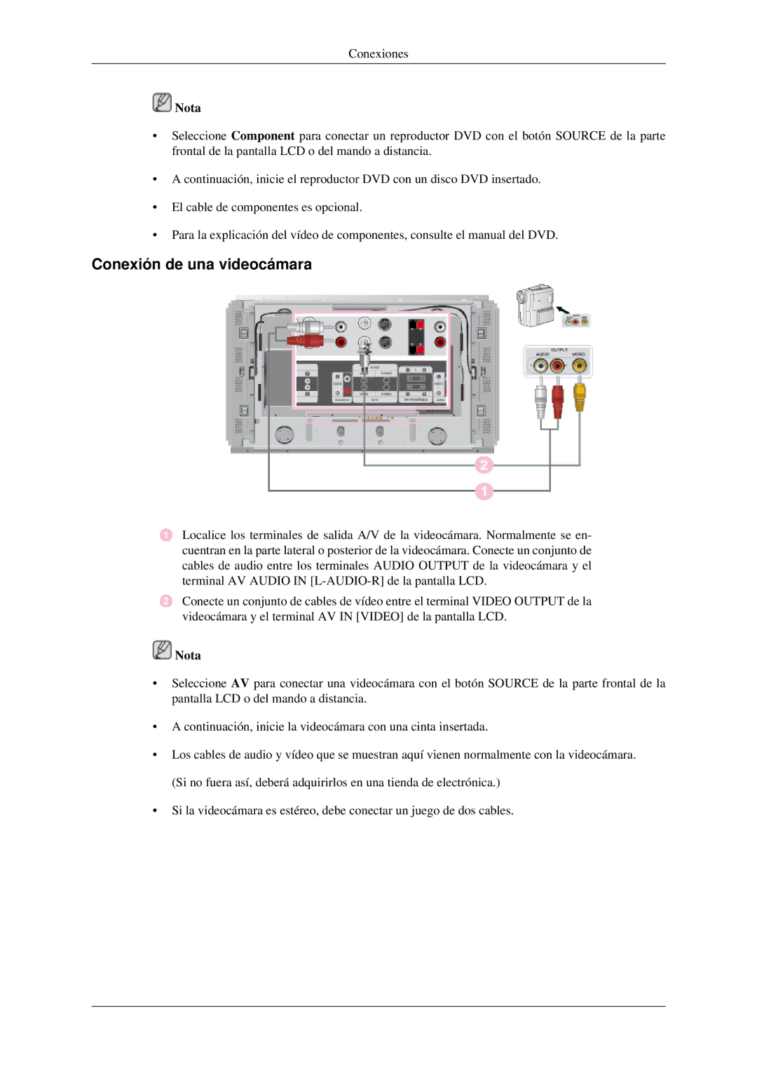 Samsung LH46DRUPBB/EN, LH46DRQPBB/EN, LH46DRTPBE/EN, LH46DRPPBE/EN, LH46DRSPBB/EN manual Conexión de una videocámara 