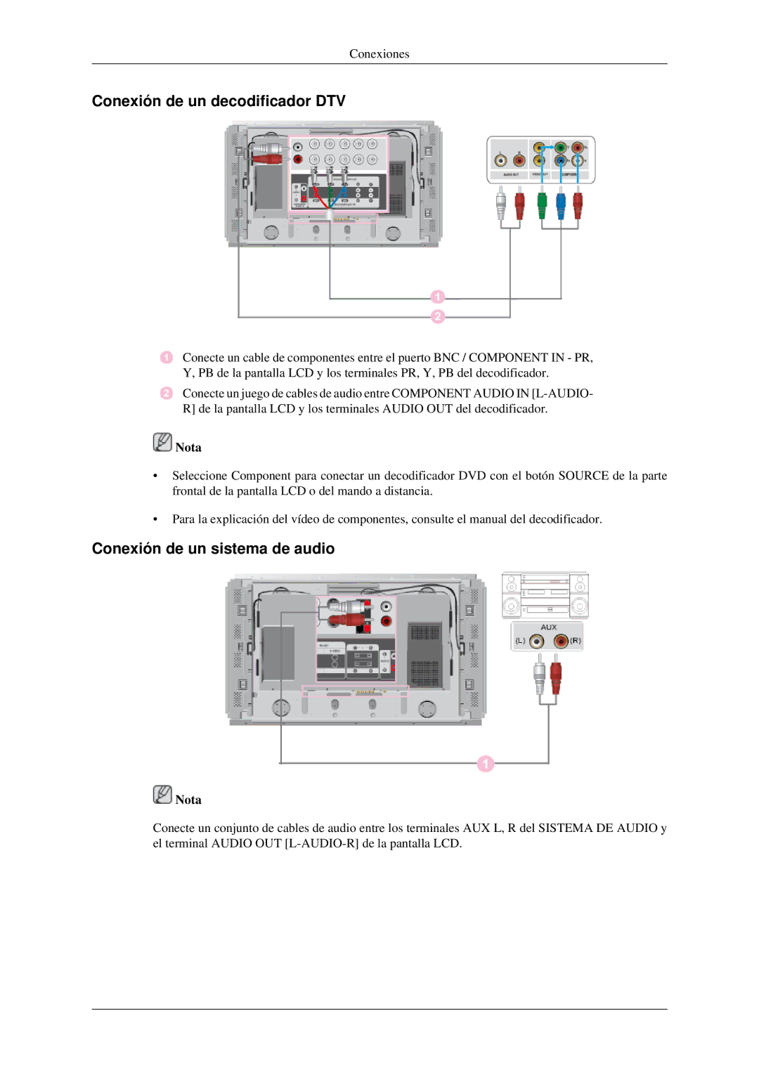 Samsung LH46DRQPBB/EN, LH46DRUPBB/EN, LH46DRTPBE/EN manual Conexión de un decodificador DTV, Conexión de un sistema de audio 