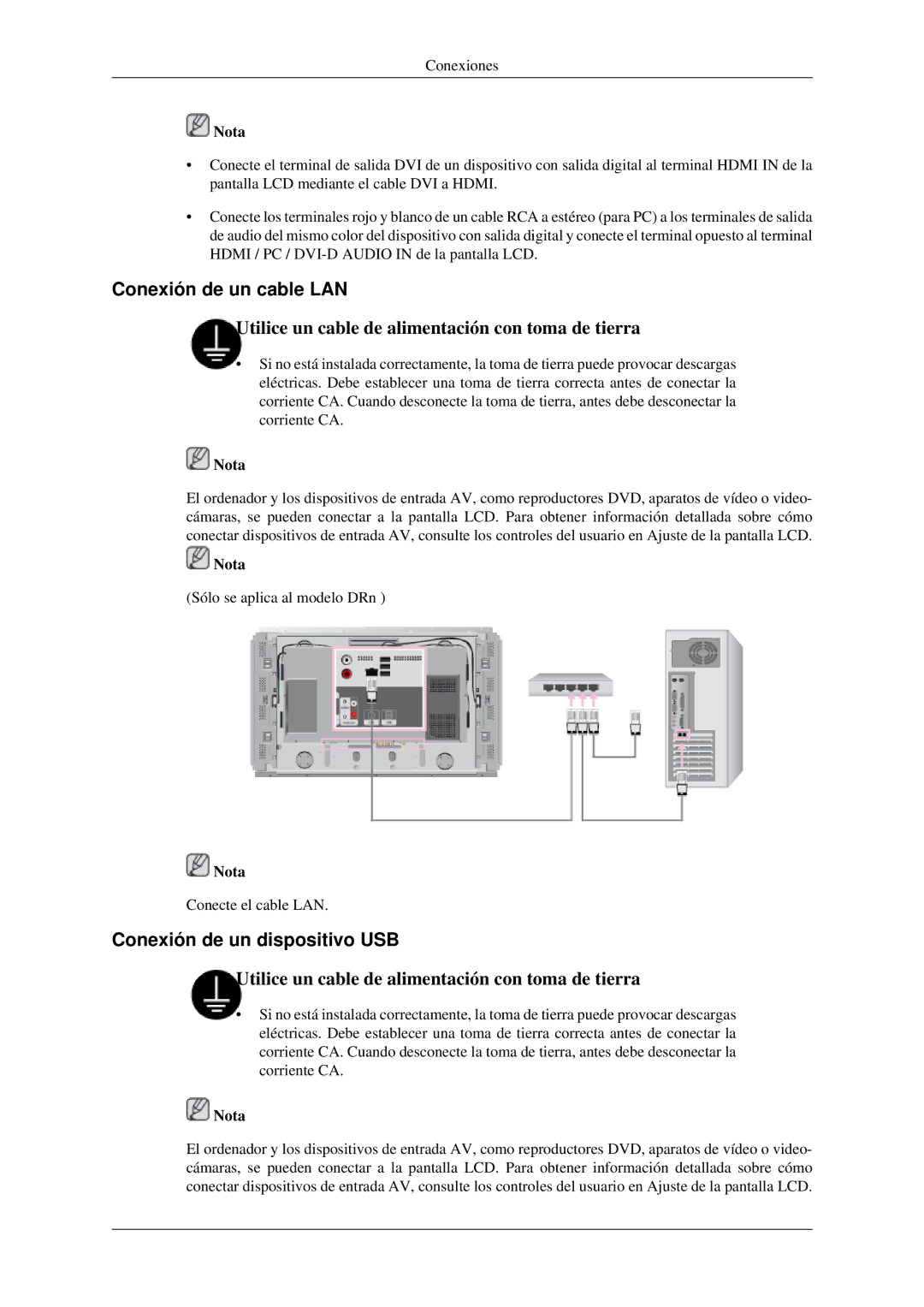 Samsung LH46DRPPBE/EN, LH46DRUPBB/EN, LH46DRQPBB/EN, LH46DRTPBE/EN Conexión de un cable LAN, Conexión de un dispositivo USB 