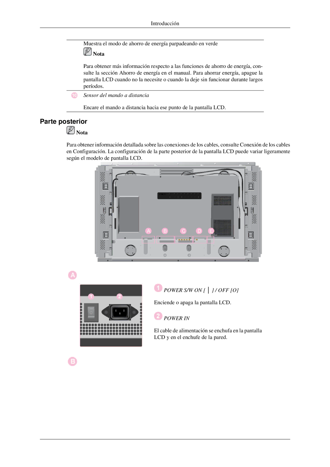 Samsung LH46DRUPBB/EN, LH46DRQPBB/EN, LH46DRTPBE/EN, LH46DRPPBE/EN, LH46DRSPBB/EN manual Parte posterior, Power 