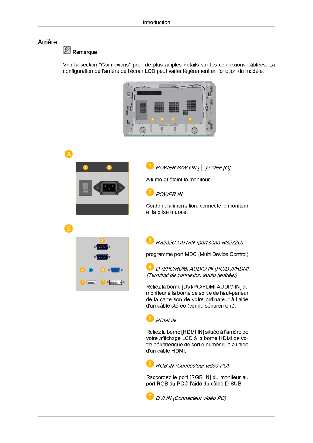 Samsung LH46DRQPBB/EN, LH46DRUPBB/EN, LH46DRTPBE/EN, LH46DRPPBE/EN manual Arrière, Power 