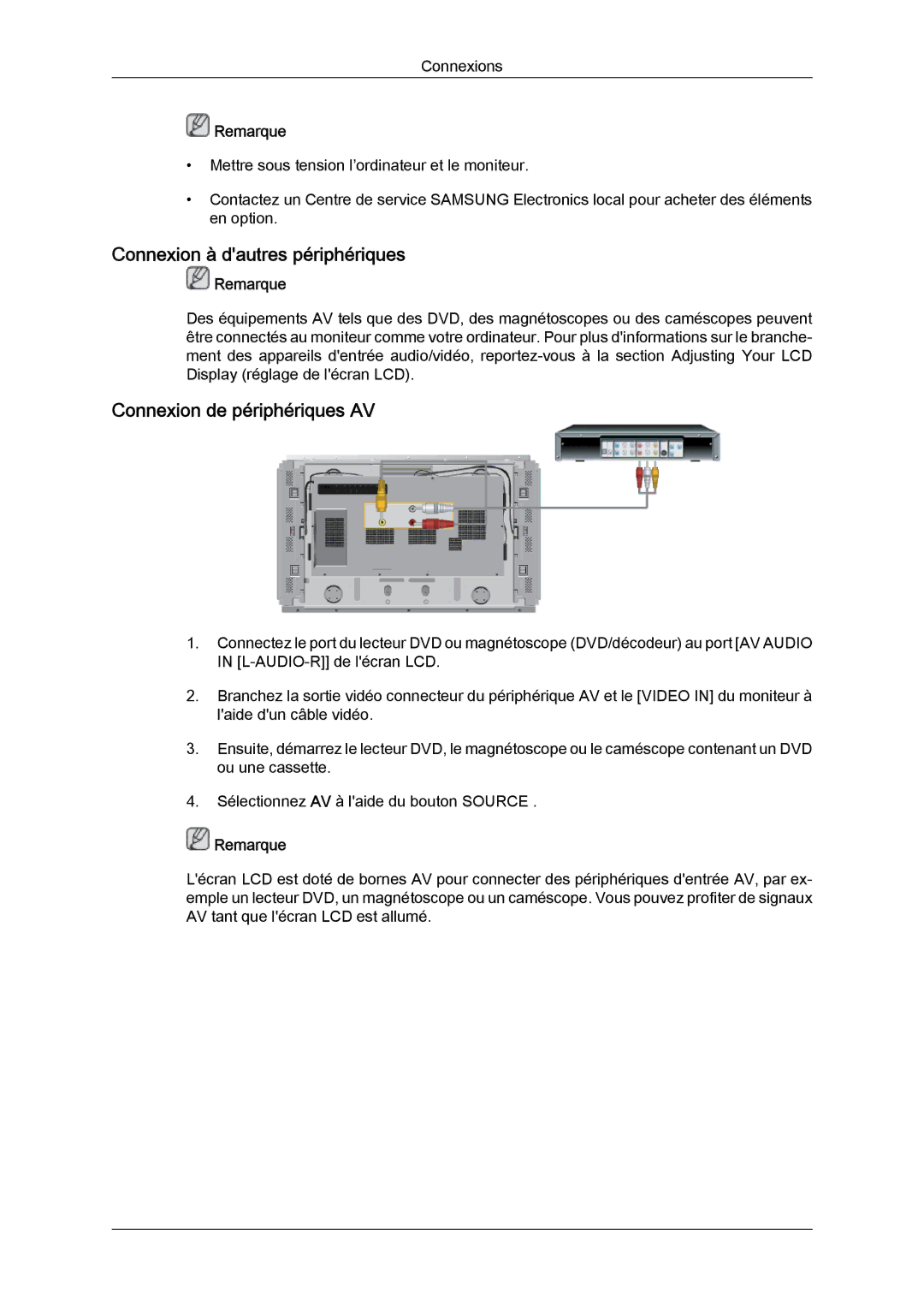 Samsung LH46DRUPBB/EN, LH46DRQPBB/EN, LH46DRTPBE/EN manual Connexion à dautres périphériques, Connexion de périphériques AV 