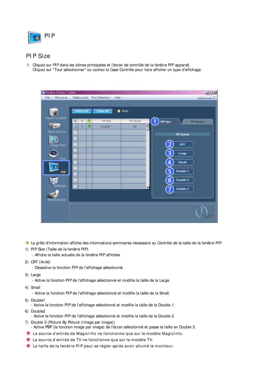 Samsung LH46DRUPBB/EN, LH46DRQPBB/EN, LH46DRTPBE/EN, LH46DRPPBE/EN manual Pip, PIP Size 