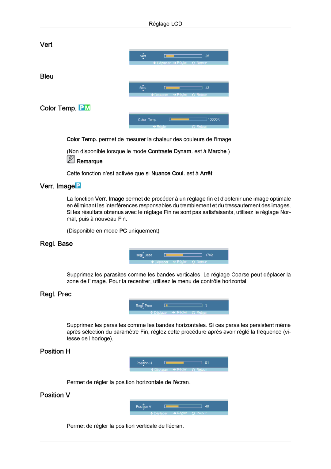 Samsung LH46DRPPBE/EN, LH46DRUPBB/EN, LH46DRQPBB/EN Vert Bleu Color Temp, Verr. Image, Regl. Base, Regl. Prec, Position H 