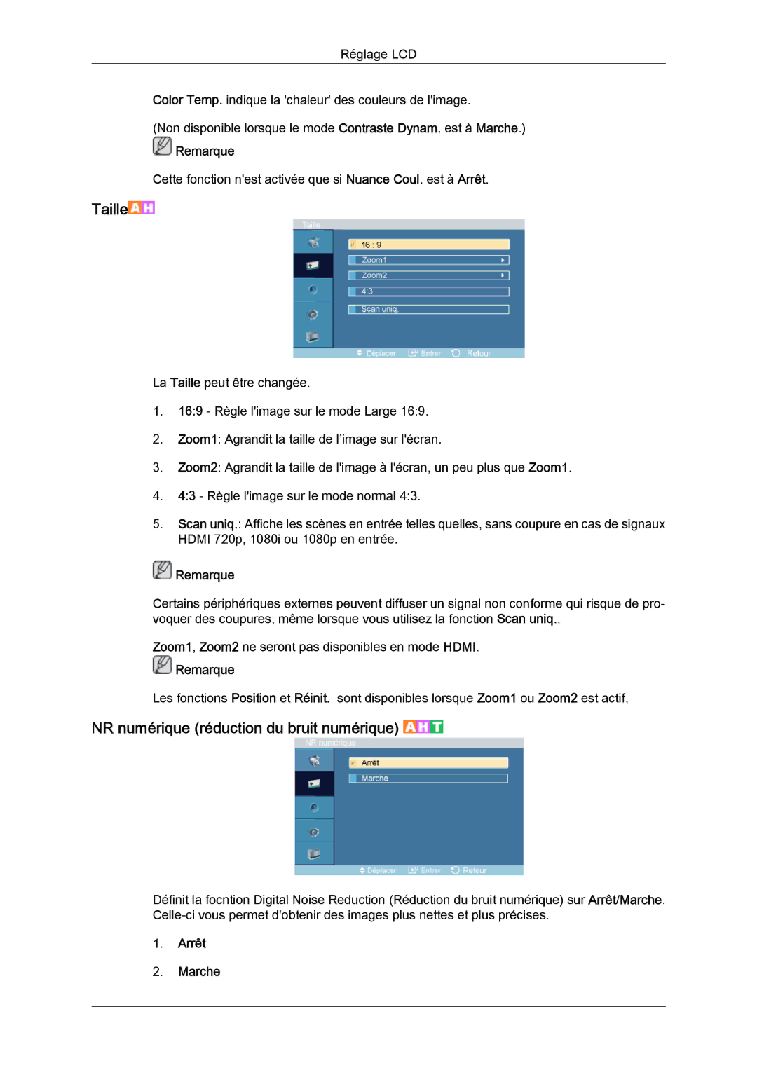 Samsung LH46DRUPBB/EN, LH46DRQPBB/EN, LH46DRTPBE/EN, LH46DRPPBE/EN manual Taille, NR numérique réduction du bruit numérique 