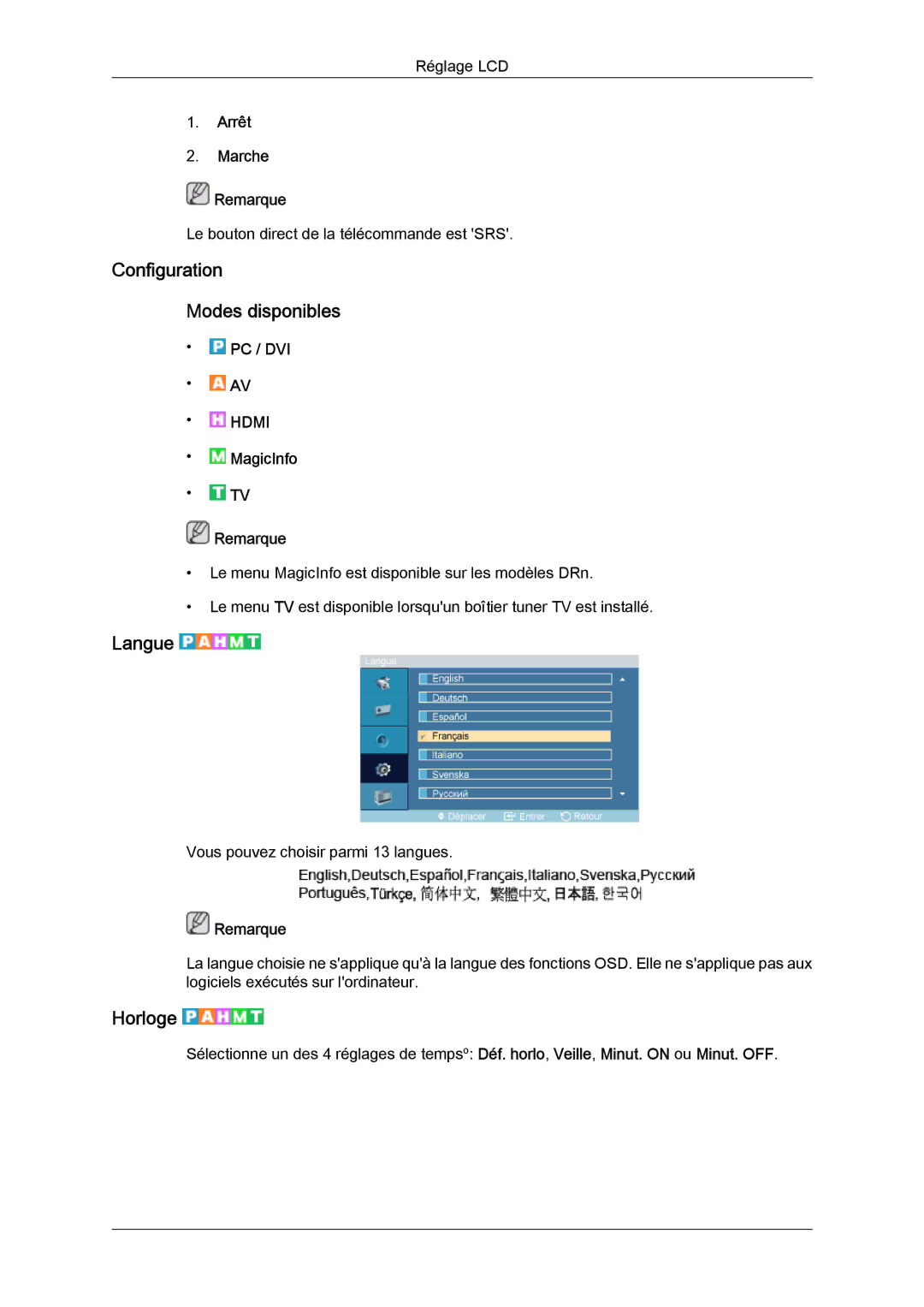 Samsung LH46DRUPBB/EN, LH46DRQPBB/EN, LH46DRTPBE/EN Configuration Modes disponibles, Langue, Horloge, Arrêt Marche Remarque 