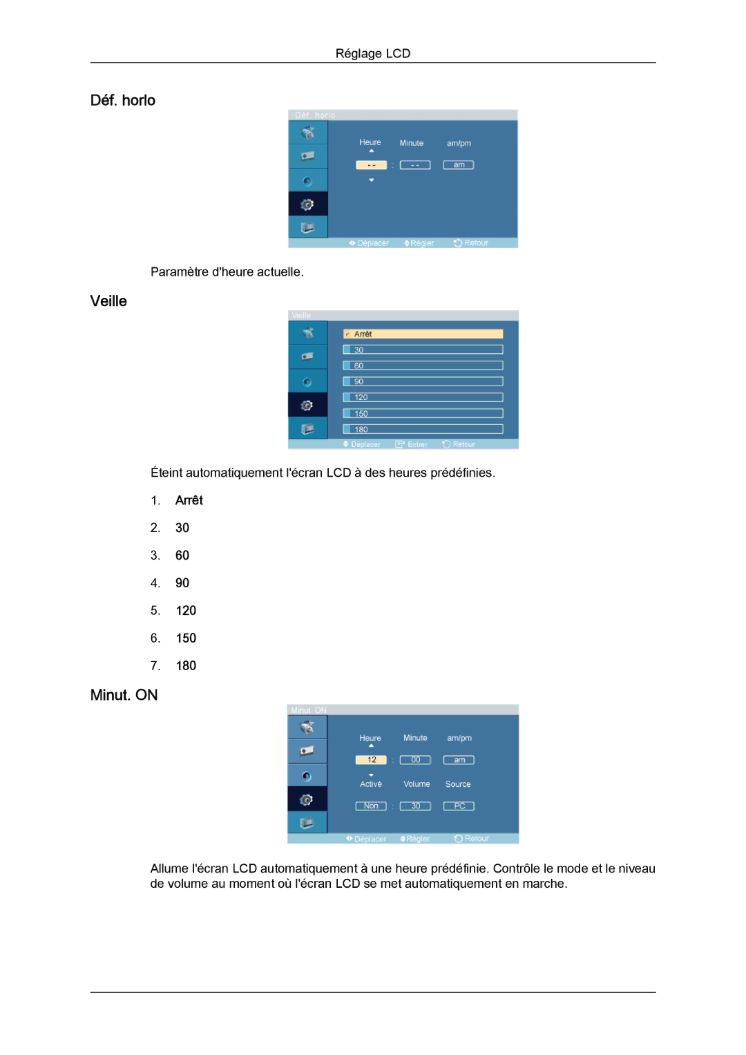 Samsung LH46DRQPBB/EN, LH46DRUPBB/EN, LH46DRTPBE/EN, LH46DRPPBE/EN manual Déf. horlo, Veille, Minut. on, Arrêt 