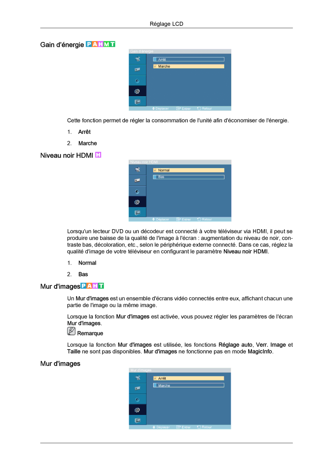 Samsung LH46DRPPBE/EN, LH46DRUPBB/EN, LH46DRQPBB/EN, LH46DRTPBE/EN Gain d’énergie, Niveau noir Hdmi, Mur dimages, Normal Bas 