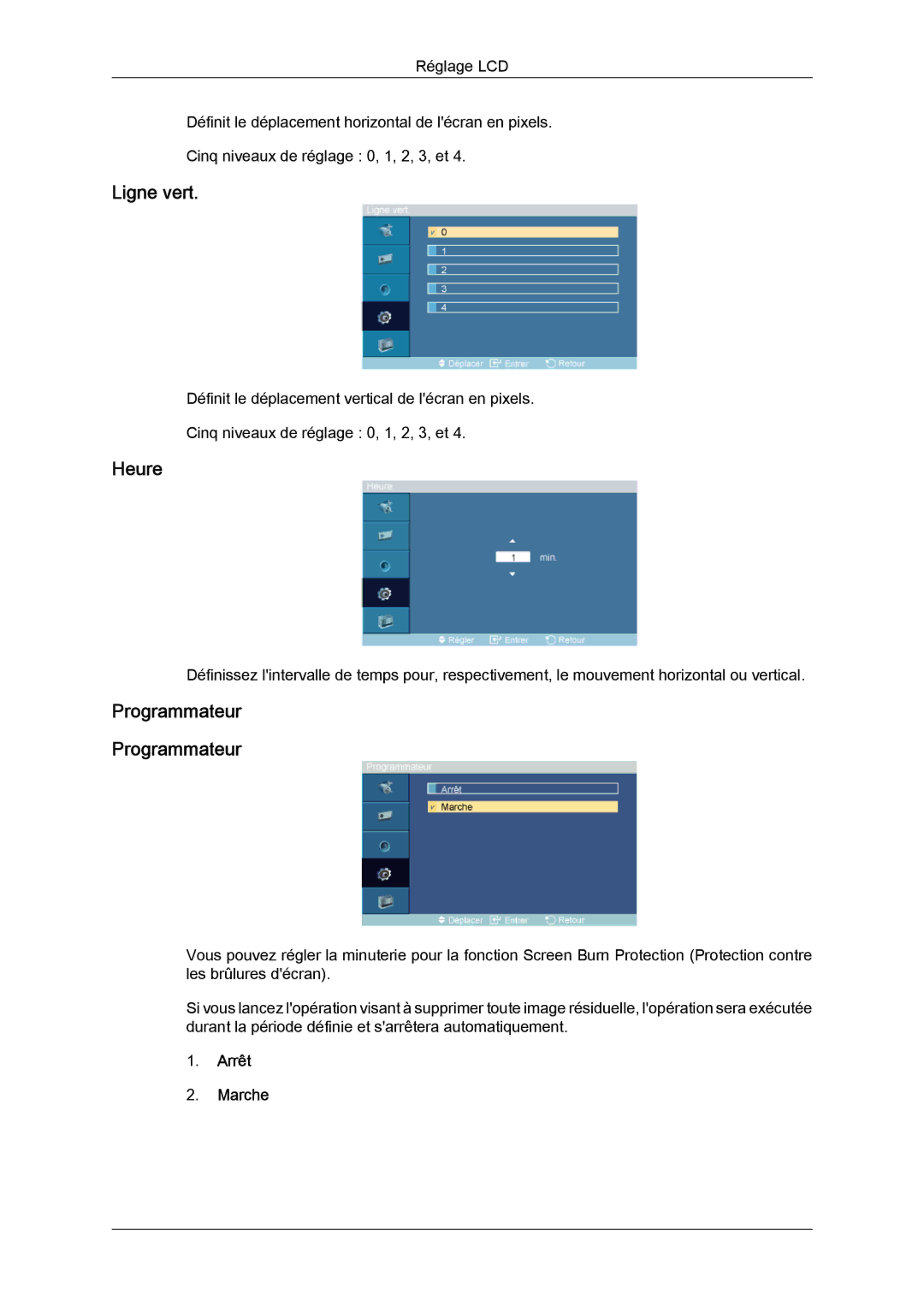 Samsung LH46DRTPBE/EN, LH46DRUPBB/EN, LH46DRQPBB/EN, LH46DRPPBE/EN manual Ligne vert, Heure, Programmateur 