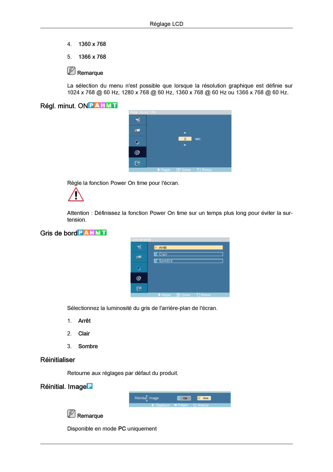 Samsung LH46DRQPBB/EN, LH46DRUPBB/EN, LH46DRTPBE/EN manual Régl. minut. on, Gris de bord, Réinitialiser, Réinitial. Image 