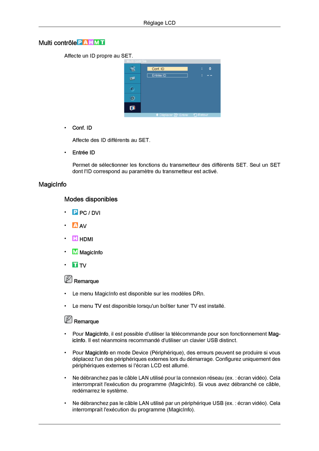 Samsung LH46DRPPBE/EN, LH46DRUPBB/EN, LH46DRQPBB/EN manual Multi contrôle, MagicInfo Modes disponibles, Conf. ID, Entrée ID 