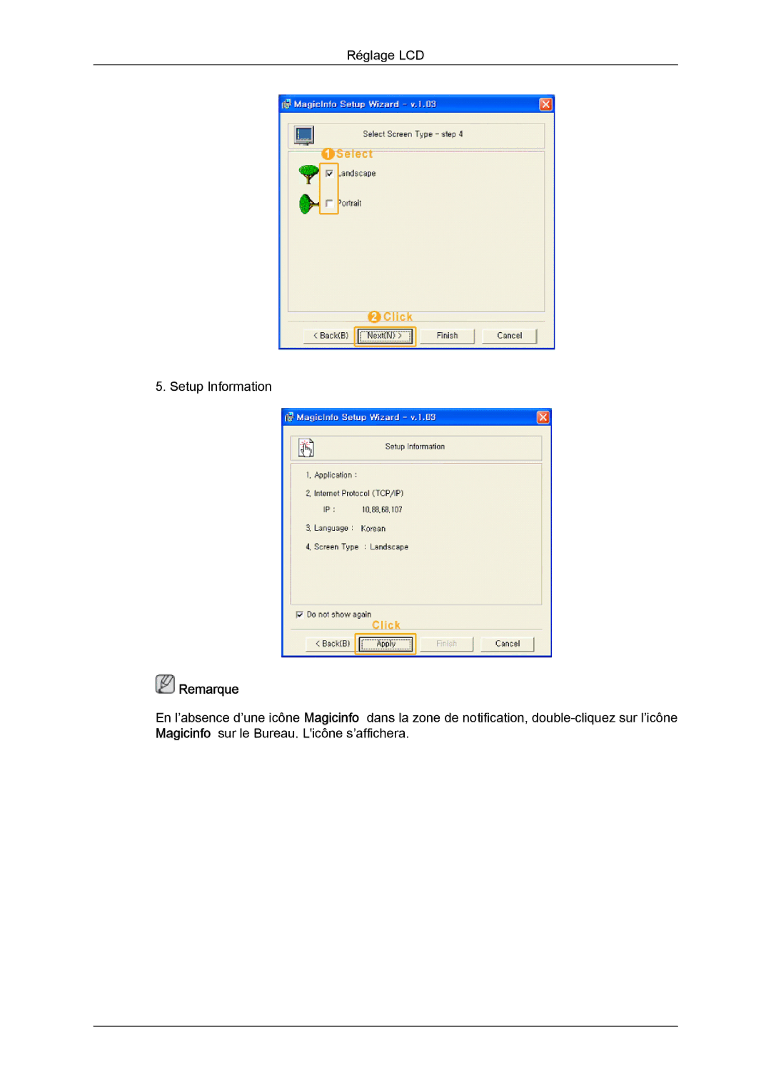 Samsung LH46DRTPBE/EN, LH46DRUPBB/EN, LH46DRQPBB/EN, LH46DRPPBE/EN manual Réglage LCD Setup Information 