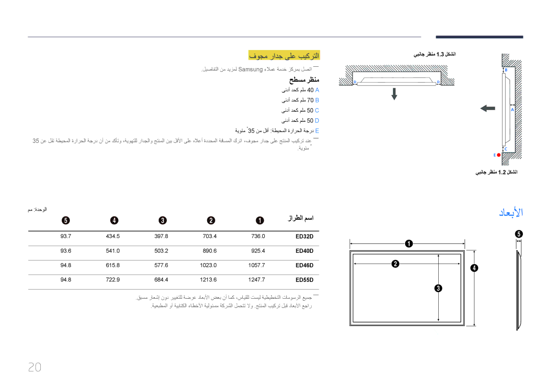 Samsung LH46EDDPLGC/EN داعبلأا, فوجم رادج ىلع بيكرتلا, حطسم رظنم, زارطلا مسا, يبناج رظنم 1.3 لكشلا يبناج رظنم 1.2 لكشلا 