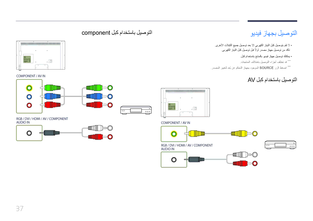 Samsung LH55EDDPLGC/UE, LH46EDDPLGC/EN manual ويديف زاهجب ليصوتلا, Component لبك مادختساب ليصوتلا, Av لبك مادختساب ليصوتلا 