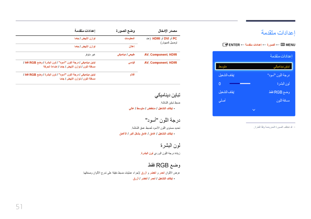 Samsung LH32EDDPLGC/EN, LH46EDDPLGC/EN manual ةمدقتم تادادعإ, يكيمانيد نيابت, دوسأ نوللا ةجرد, ةرشبلا نول, طقف Rgb عضو 