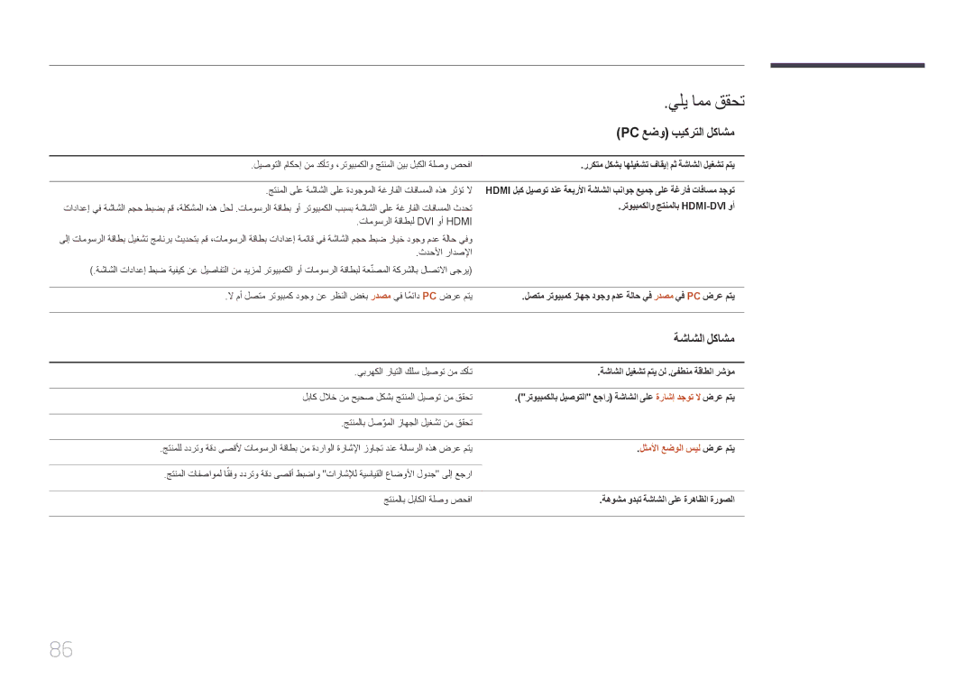 Samsung LH32EDDPLGC/NG, LH46EDDPLGC/EN, LH32EDDPLGC/EN manual Pc عضو بيكرتلا لكاشم, ةشاشلا لكاشم, لثملأا عضولا سيل ضرع متي 