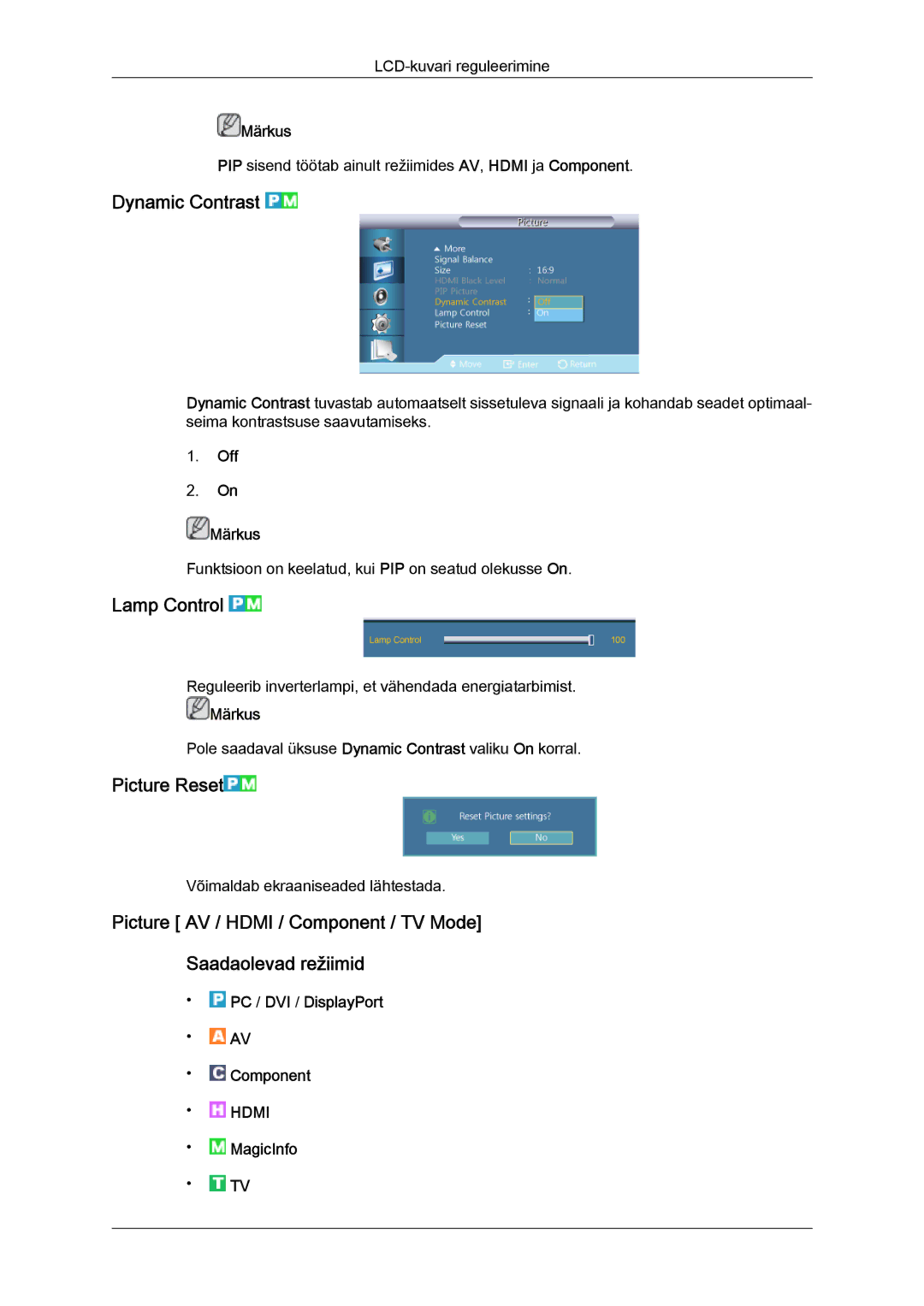 Samsung LH46GWPLBC/EN manual Dynamic Contrast, Lamp Control, Picture Reset, Off Märkus 