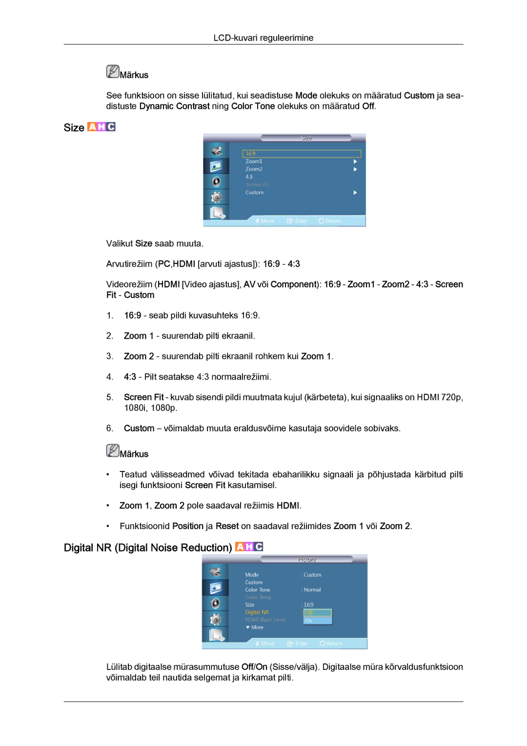 Samsung LH46GWPLBC/EN manual Size, Digital NR Digital Noise Reduction 