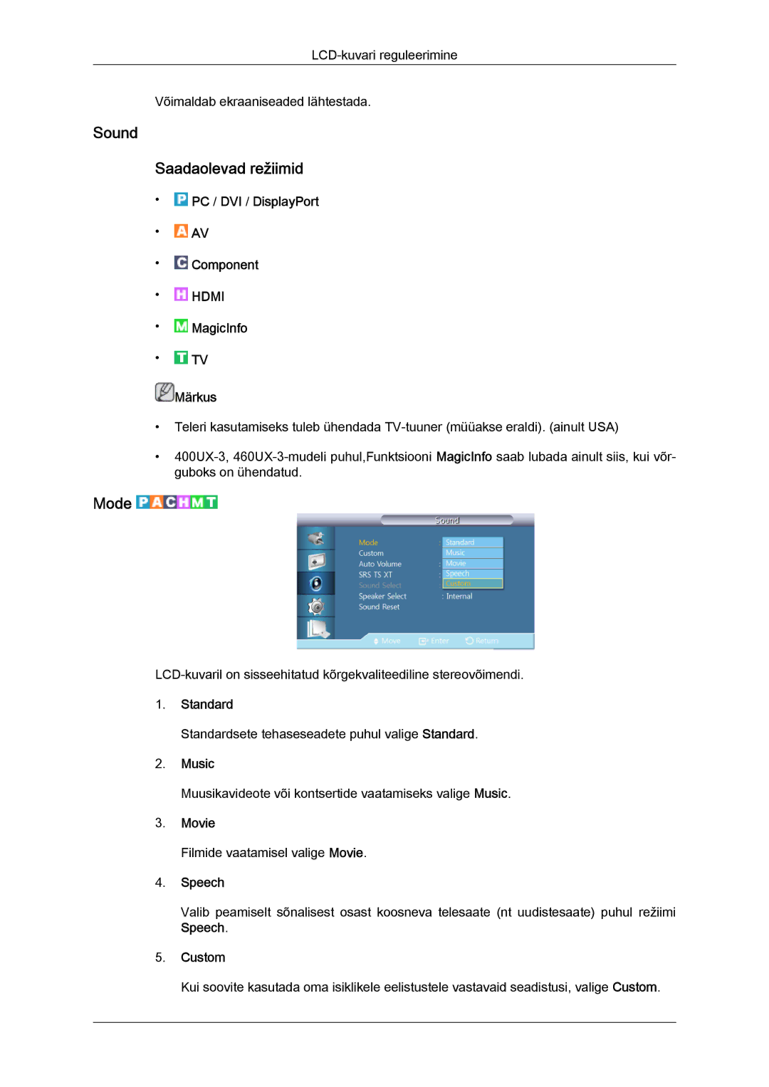 Samsung LH46GWPLBC/EN manual Sound Saadaolevad režiimid, Music, Speech 