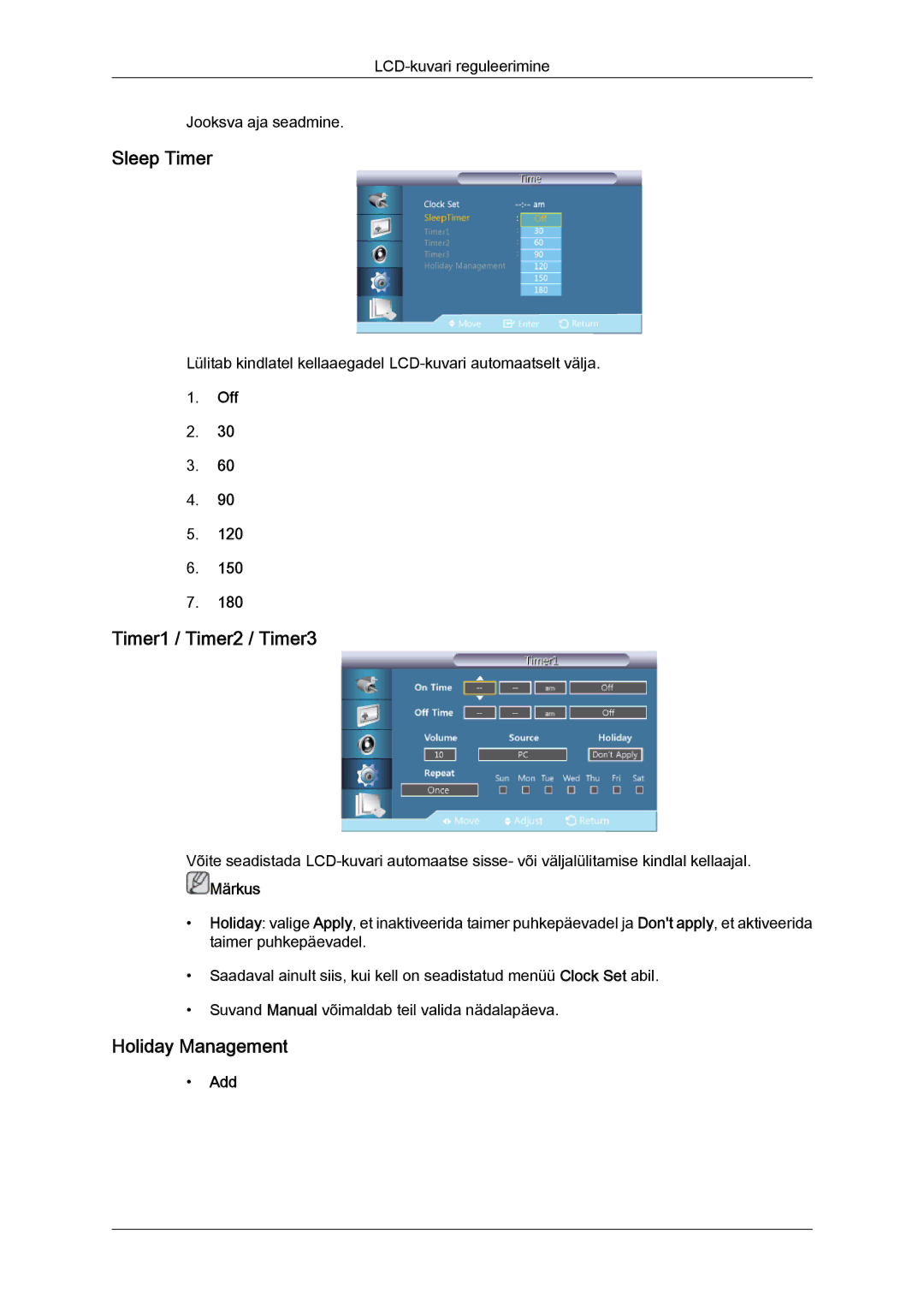 Samsung LH46GWPLBC/EN manual Sleep Timer, Timer1 / Timer2 / Timer3, Holiday Management, Add 