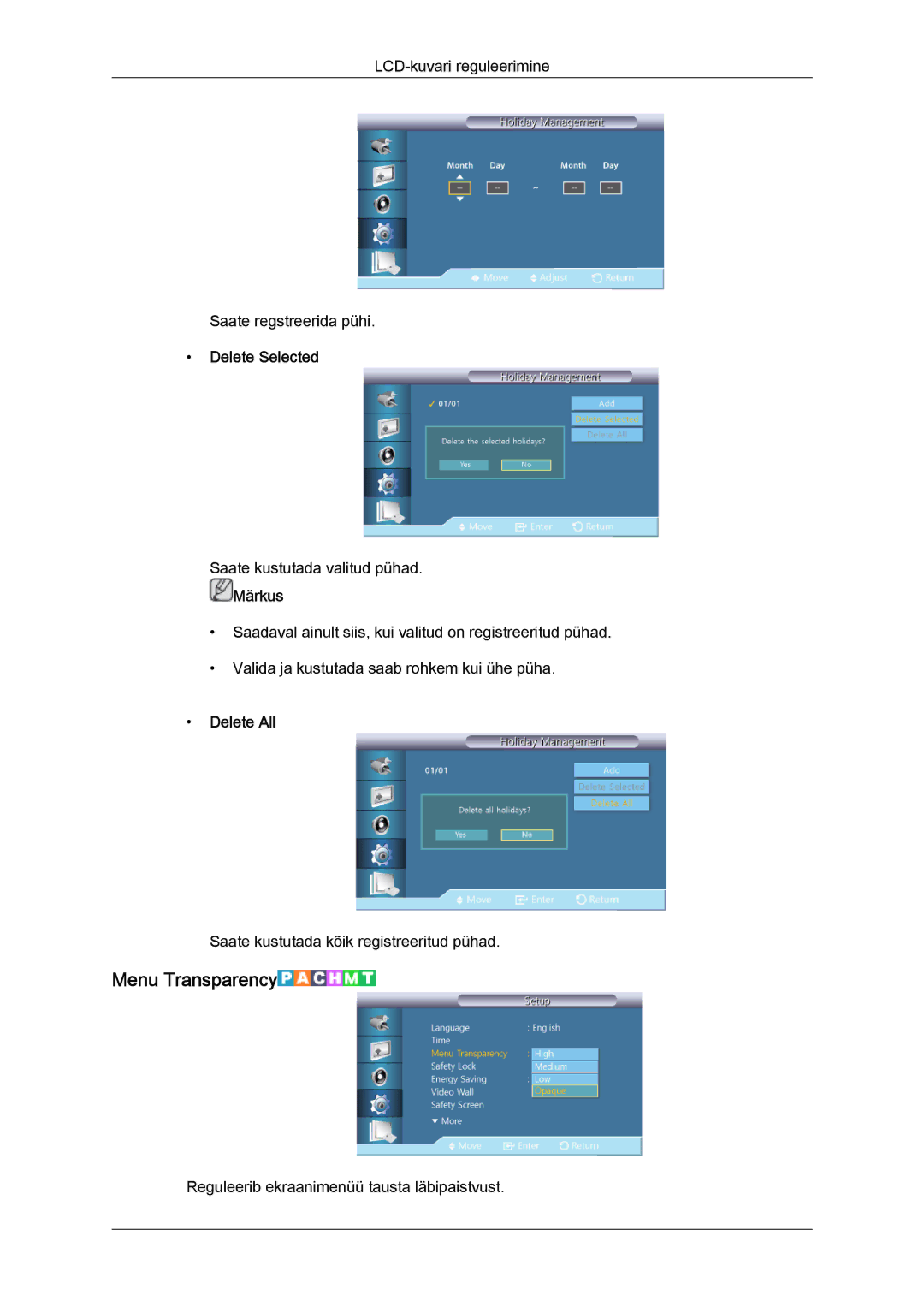 Samsung LH46GWPLBC/EN manual Menu Transparency, Delete Selected, Delete All 