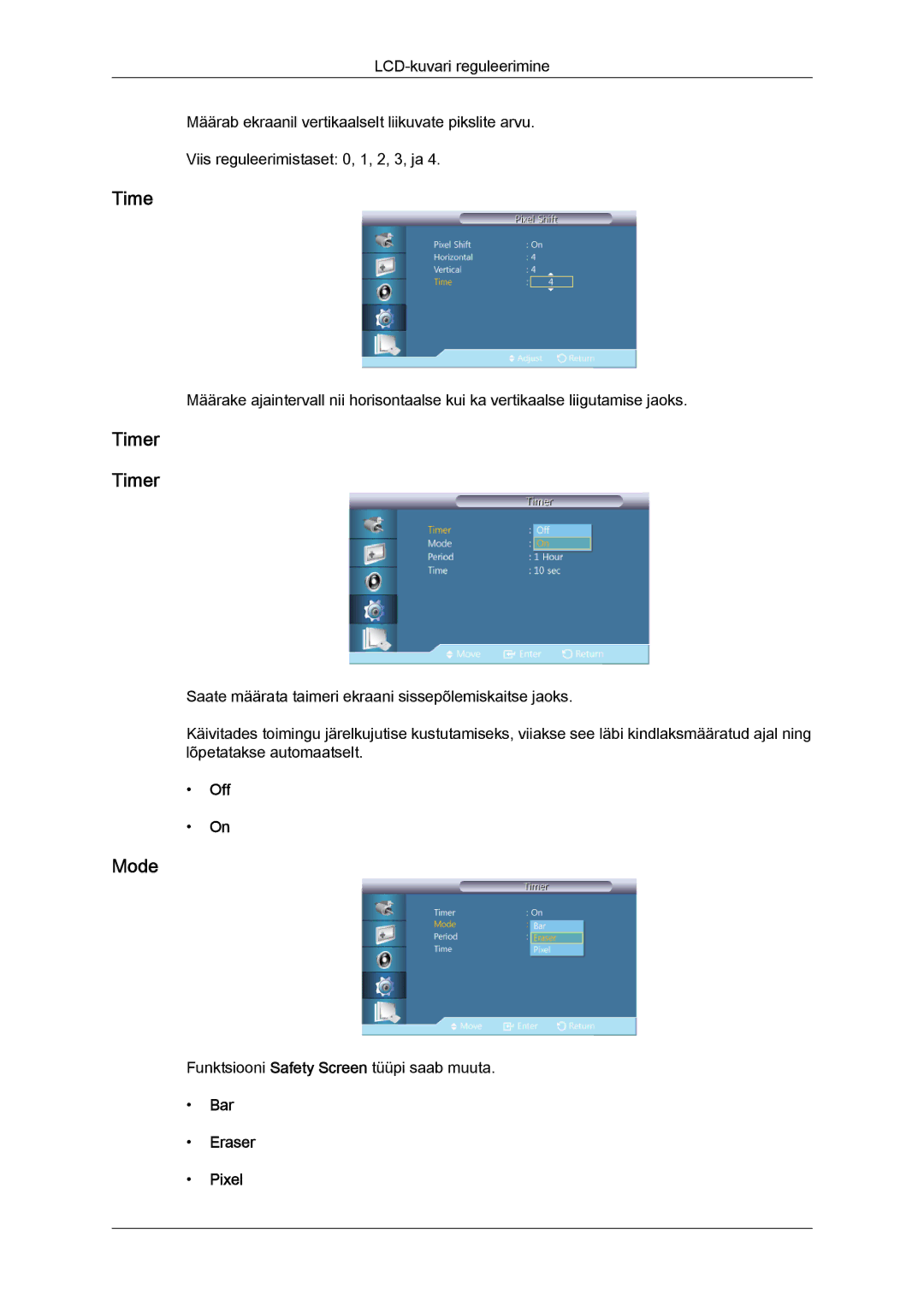 Samsung LH46GWPLBC/EN manual Timer, Bar Eraser Pixel 