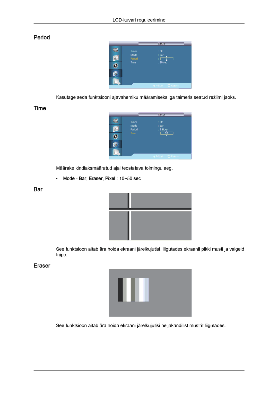 Samsung LH46GWPLBC/EN manual Period, Mode Bar, Eraser, Pixel 10~50 sec 